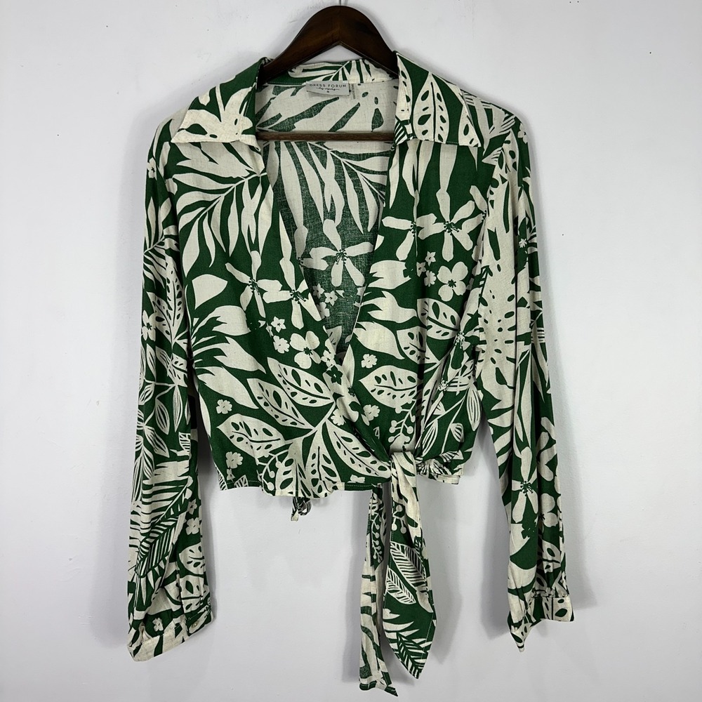 Dress Forum M Green White Tropical Leaf‎ Tie Front Wrap Top Boho Resort Coastal